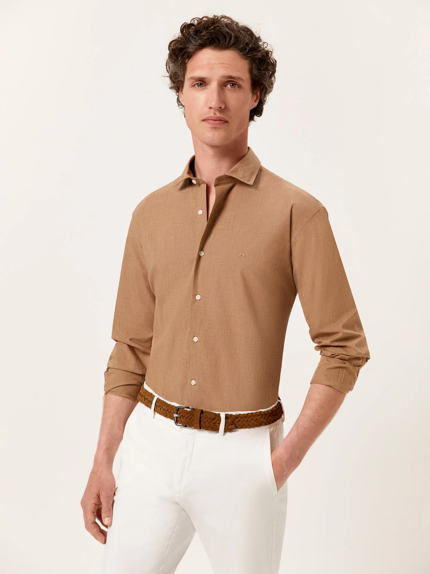 Camisa slim fit de algodão mescla com colarinho aberto - Image 6