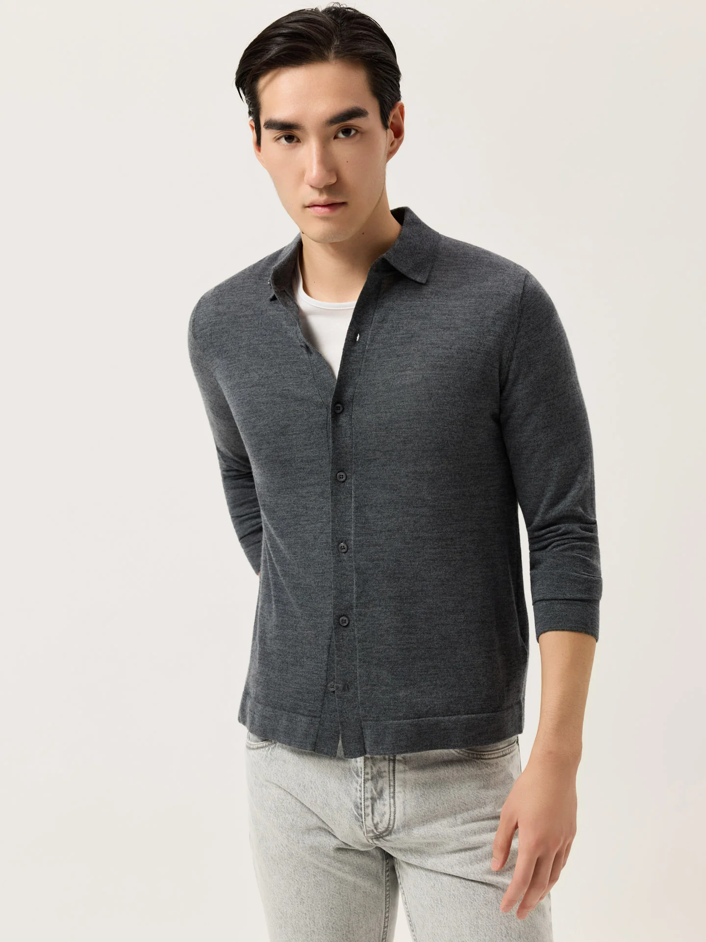 Camisola Estilo Camisa de Manga Comprida em Lã Merino Extra Fina - Image 6